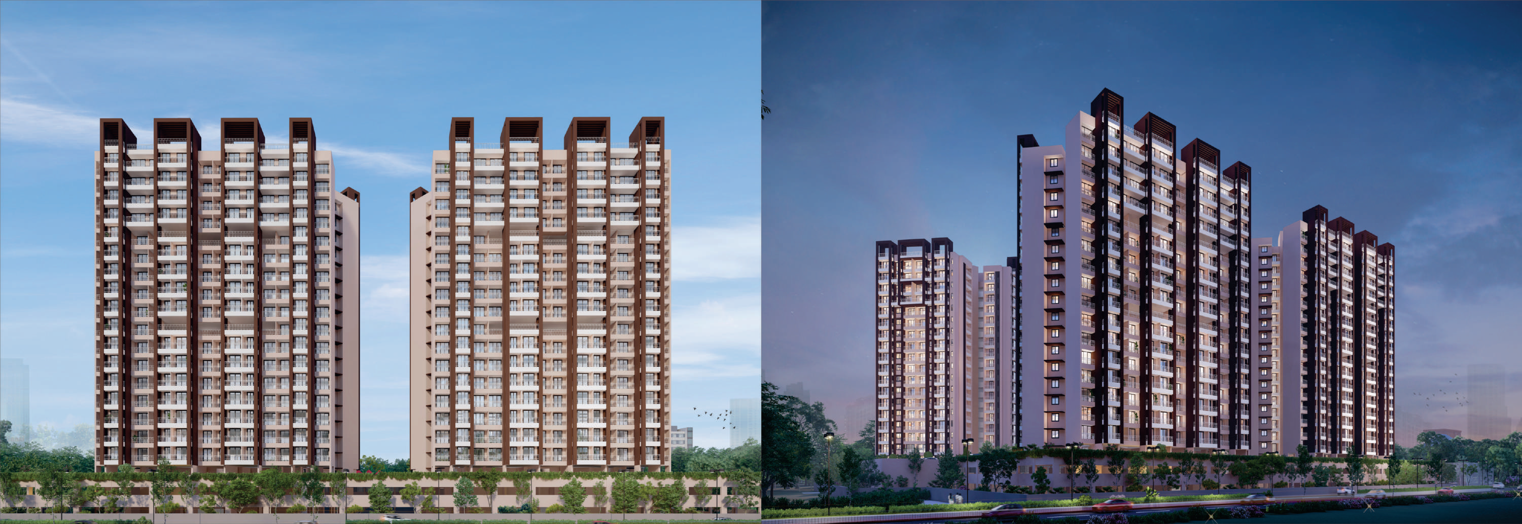 Vrindavan Estate towers — day and night architectural rendering